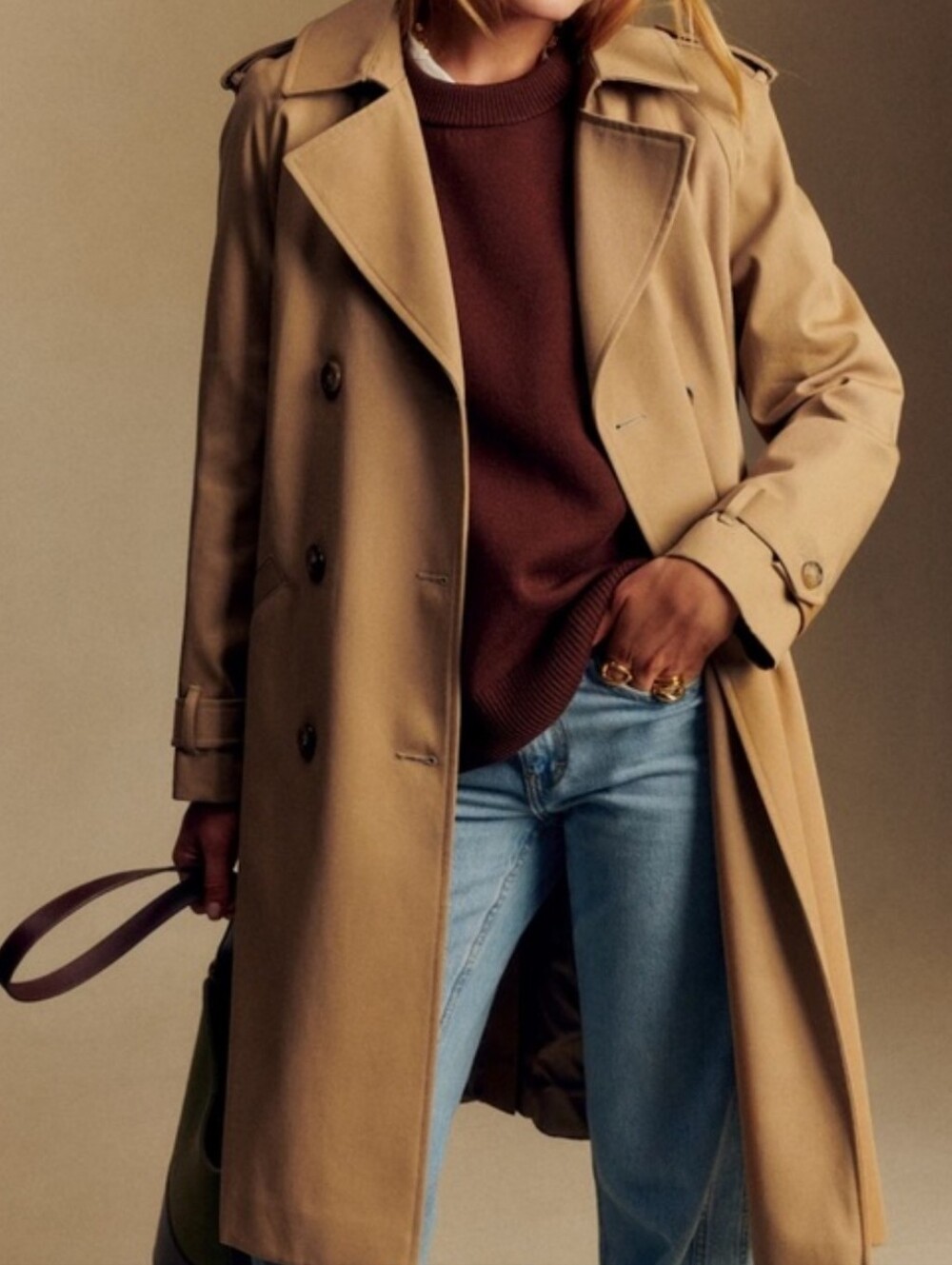 Sezane Scott Trench Classic Tan Double-Breasted Trench Coat, Size 36, GUC